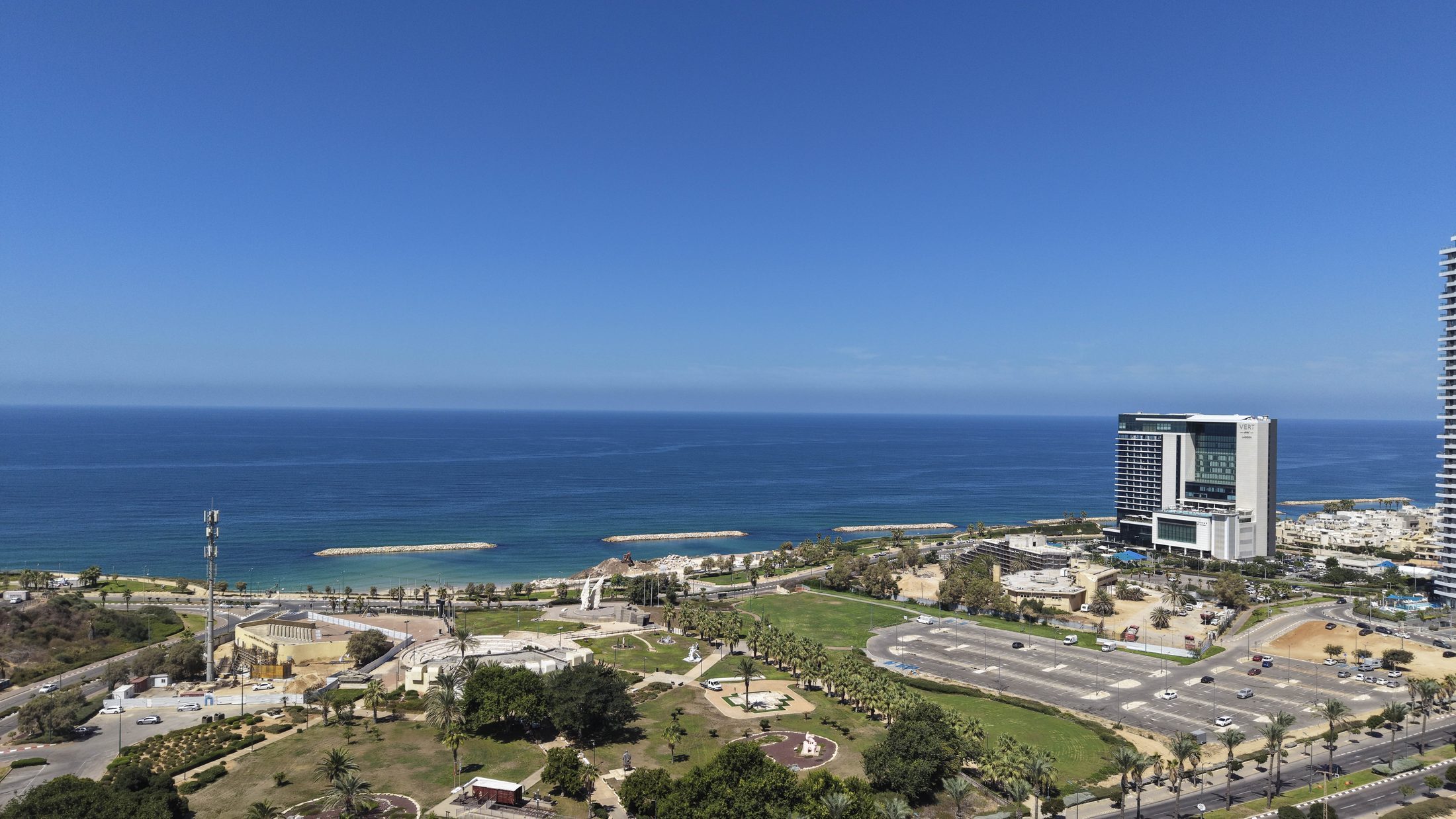 Aerial view over the Mediterranean coast of Netanya, Israel